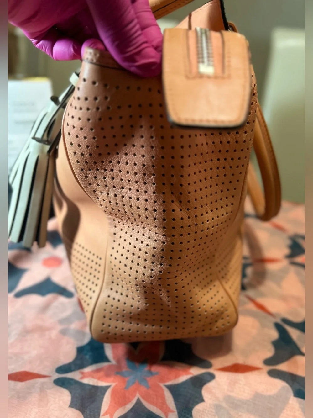 Coach Legacy Perforated Medium Candace Carryall in a coral Leather w Tassels